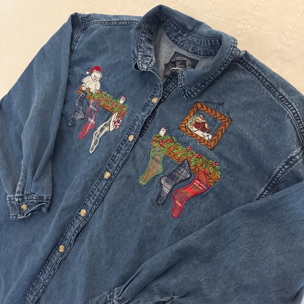 Vintage Solutions‎ Embroidered Christmas Denim Button Down Women's 2X Stockings